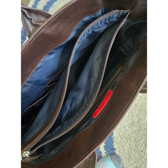 Tommy Hilfiger Monogram Tote Bag Brown Leather & Blue Pattern 13"x13"x4.5" - Picture 4 of 13